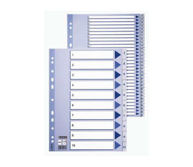 636369 Esselte 100135 Register plast hvit A4 1-10 Tallregister med trykk p&#229; faner